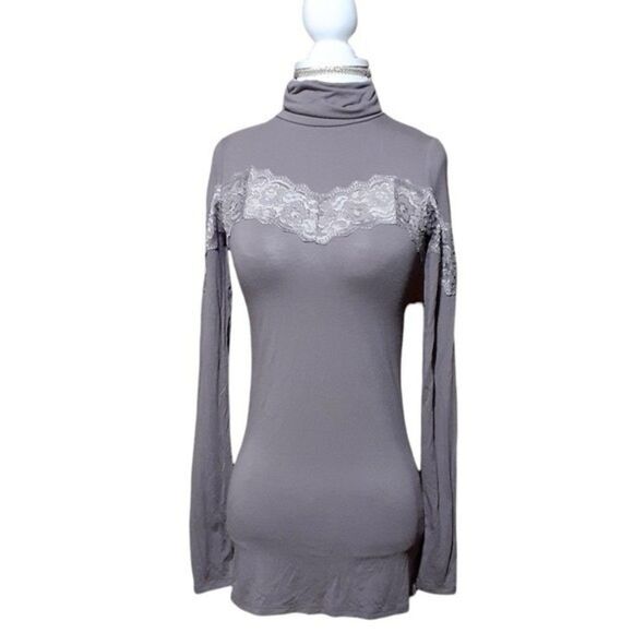 Free People Tops - Free People Women’s Lace Trim Turtleneck BlouseTop Taupe Size XS